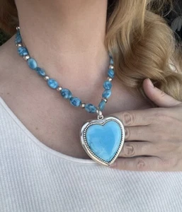 BARSE Silver Blue Larimar Large HEART Pendant Necklace 19” - Picture 1 of 11
