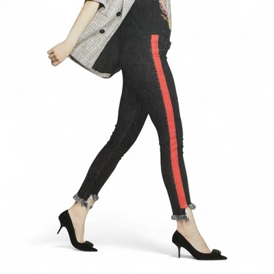 ZEZA B Denim Skimmer Leggings Mujer XL Negro Rojo Rayas Laterales Dobladillo Deshilachado Nuevo Foto 1 de 4