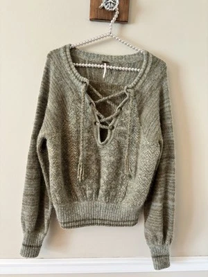 Free People Womens Size M Hoops Hollas Soft Green Lace Up Sweater Wool Blend - Image 1 of 4