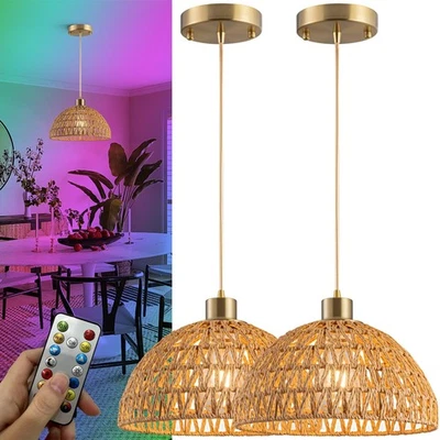 Battery Operated Pendant Light with Remote-Battery Chandelier Handwoven Ratta... - Image 1 of 4