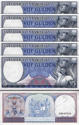 Surinam Suriname 5 Gulden 1963, UNC, 5 Pcs LOT, Consecutive, P-120b - Image 1 of 4