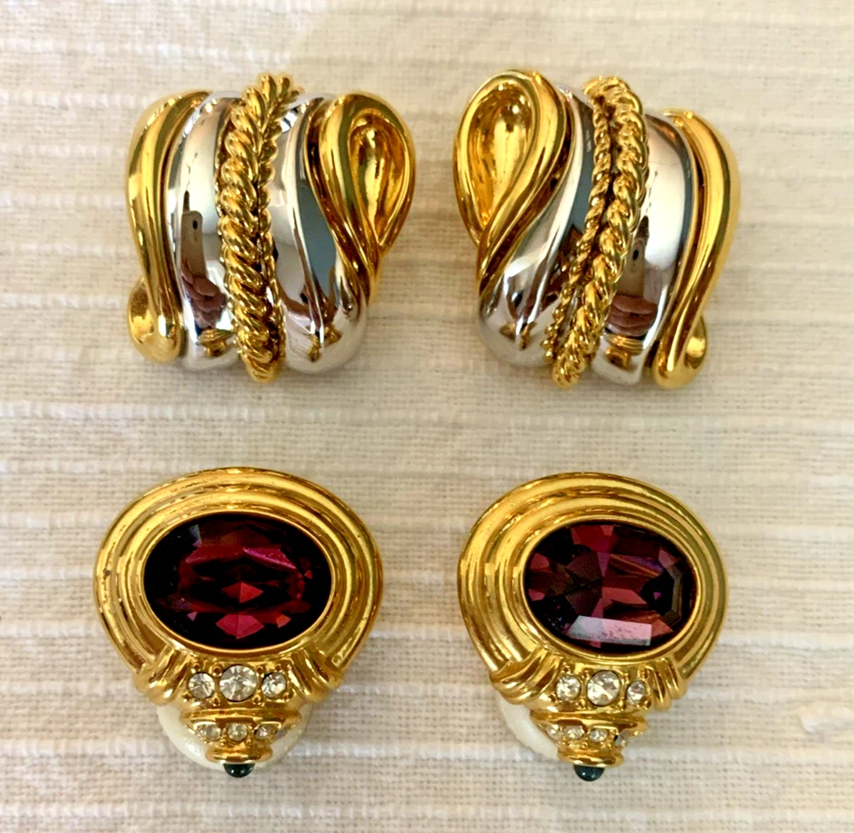 Lote de 2 Pendientes De Colección Nolan Miller Clip En Tono Dorado Cinta y Piedras Preciosas Púrpura Foto 1 de 4