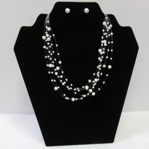 White Pearl Multi Strand Necklace Set Wedding Bridal Jewelry Evening #3976WH - Picture 1 of 3