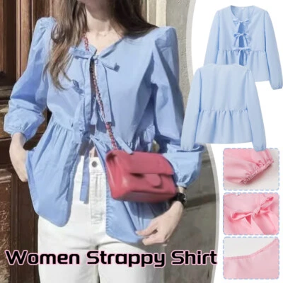 Women Casual Long Sleeve Blouse Bow Knot Round Neck Tie Up Female Top Shirt - Image 1 of 4