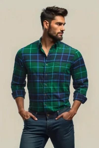 Chaps Mens M 44x28 33"Slv Cotn L/S Butn Down Green Navy Blue Plaid Flannel Shirt - Picture 1 of 10