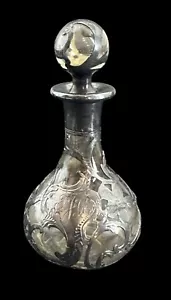 Antique Sterling Silver Overlay Glass Perfume Bottle Sterling Art Nouveau Empty - Picture 1 of 8