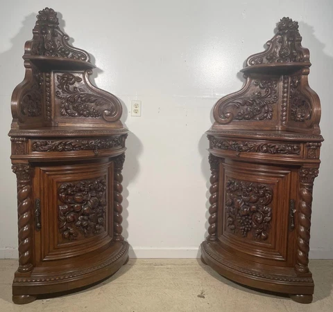 Impressive Pair of Antique French Hunting/Black Forest Corner Cabinets Sideboard Cover