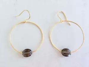 18K Gold on 925 Sterling Silver Hoop Earrings Gemstone Stone Smokey Smoky Quartz - Picture 1 of 2