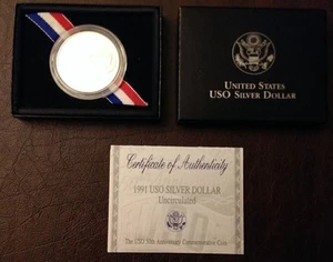 1991-D USO 50° Anniversario Dollaro Argento, Unc.  Con scatola e certificato di autenticità - Foto 1 di 3