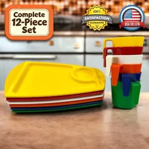 Vintage 12-Piece Fremware Plastic Snack Tray Plate & Cup Set Kids Retro MCM GOOD - Picture 1 of 24