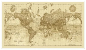 Atlas Mercator Projection Map circa 1898 | Sepia Tone Vintage World Map Reprint - Picture 1 of 8
