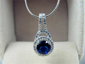 3Ct Round Cut CZ Blue Sapphire Solitaire Pendant 14K White Gold Over Free Chain - Picture 1 of 5