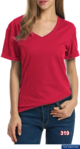 Meaneor Women's V-Neck Shirts Short Sleeve Loose Casual Tee T-Shirt Red Small - Picture 1 of 1