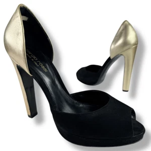 Sergio Rossi D’Orsay Black Suede Gold Metallic Heels Platform 37.5 / 7 - 7.5 - Picture 1 of 15