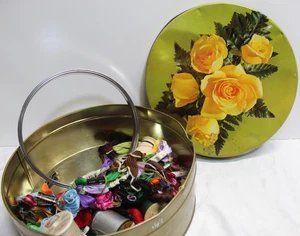 Vintage Embroidery 6 Strand Thread and Metal Floral Tin  Lot of 33 + Misc - Picture 1 of 2