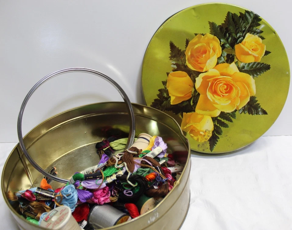 Vintage Embroidery 6 Strand Thread and Metal Floral Tin  Lot of 33 + Misc - Image 1 of 2