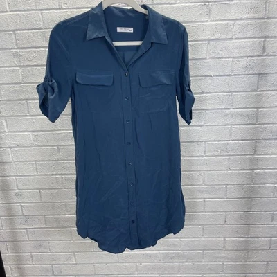 Equipment Femme Silk Button Down Shirt Dress Blue Womens XS Quiet Luxury Preppy - Image 1 of 4