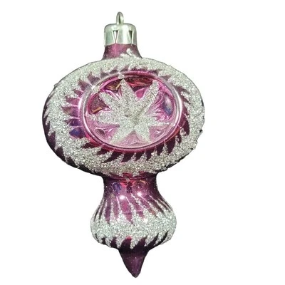 Pink Indent Finial Glass Christmas Tree Ornament Reflector Glitter Vtg Retro MCM - Image 1 of 4