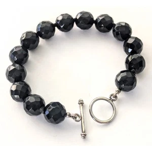 Faceted 12mm BLACK ONYX Beaded Bracelet Sterling 925 Toggle Clasp 8" - Picture 1 of 6