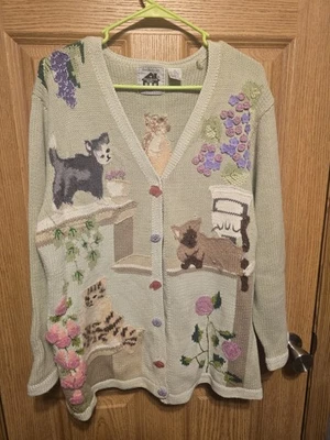 Cardigã suéter vintage Handknits por Storybook Knits 1X casa escolar gatos - Imagem 1 de 4