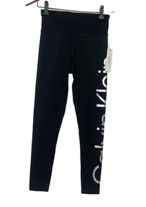 Calvin Klein Womens XS Black Leggings Silver Spellout LOGO NWT - Picture 1 of 9