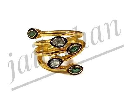 Elegant Smaragd Edelstein Polki Uncut Diamant 925 Sterlingsilber Birthstone Ring - Bild 1 von 4