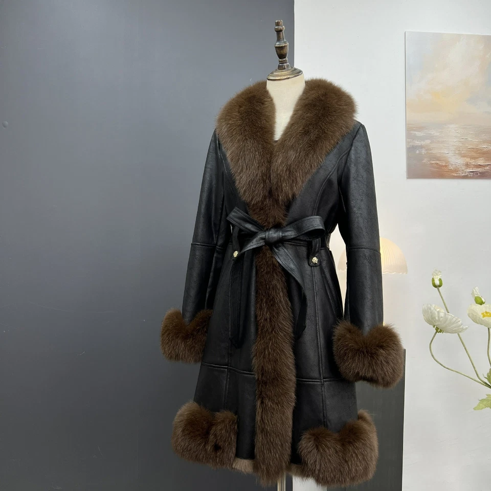Abrigo forrado de piel de zorro real para mujer Abrigo medio largo Parka Prendas exteriores Foto 1 de 4