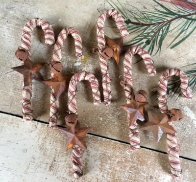 6 Primitive Rusty Wire Star Stars Bells Candy Cane Canes Fabric Farm Ornaments - Image 1 of 4