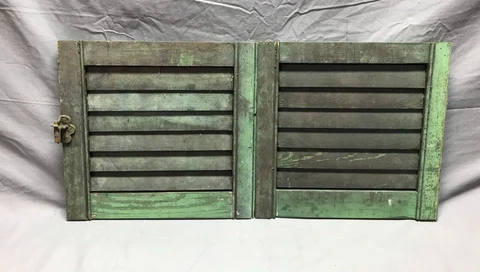 Pair VTG Small Green Antique House Wood Window Shutters 14x15 Old 542-23B Cover