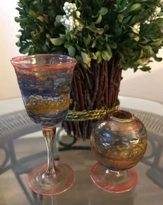 Art Glass Hand Made Textured Stemmed Liquor & Bud Vase Swirl Painted Thin Glass - Picture 1 of 6