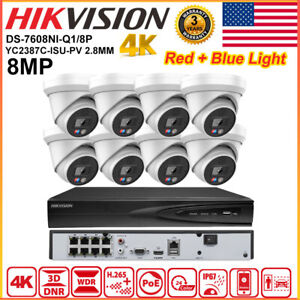 Hikvision 4k 8ch 8POE CCTV System Kit 8MP Full Color Red & Blue light Camera Lot