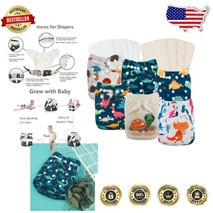 6 Pack Lightweight Adjustable Cloth Diapers with 10 Bamboo Inserts - Unisex - Picture 1 of 7