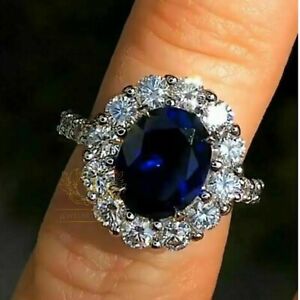 3 CT Oval Cut Lab-Created Blue Sapphire Cluster Wedding Ring 925 Sterling Silver