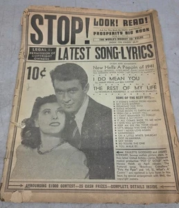 ๐ต 1941 WWII Magazine "STOP! LATEST SONG-LYRICS" W/ Hellz A Poppin Grace Barrie - Picture 1 of 8