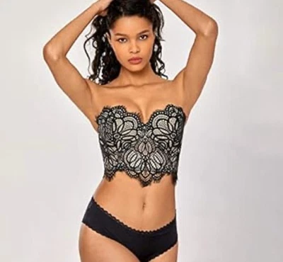 Sutiã Dobreva preto de renda sem alças Longline Bustier 38C forrado nude espartilho novo com etiquetas - Imagem 1 de 4
