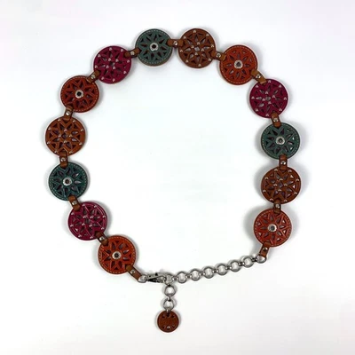 VTG Fossil Leather Medallion Hip Belt Womens Sz S/M Multi Color Turquise Red Brn - Image 1 of 4