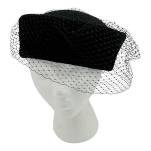 Vtg Classic Chic Black Pill box Hat w/Bow Netting Rhinestones 100% Felt Wool EUC - Picture 1 of 10