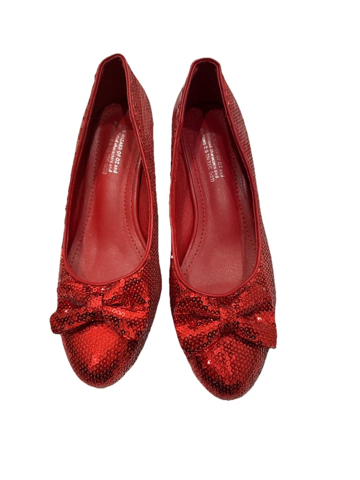 Wizard Of Oz Dorothy Ruby Red Sequin Shoes ‘Slippers’ With Bow Size 7.  2” Heel. - Image 1 of 4