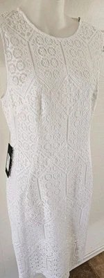 NWT Marciano Guess Womens Lace Dress Sz 6 White Midi Sleeveless Zip Zig-zag Hem  - Image 1 of 4