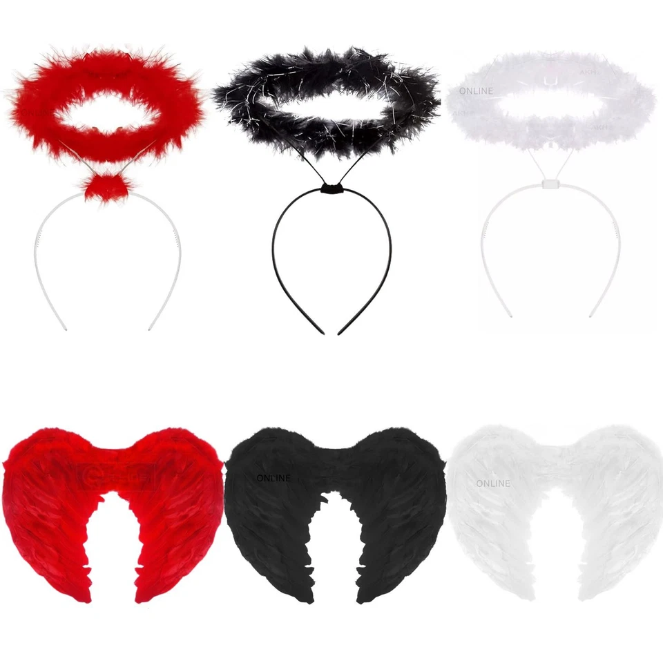 Adult Angel Feather Wings Halo Headband Halloween Fancy Dress Costume Party UK - Image 1 of 1