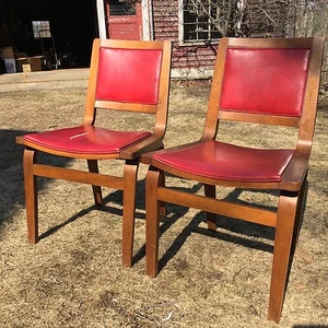 Set of 2 Red Mid Century Danish Modern Thonet Bent Plywood Chairs - Picture 1 of 11