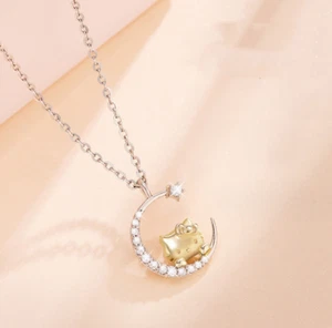 Silver Moon Gold Tone Hello Kitty Cat Pave Cubic Zirconia Pendant Chain Necklace - Picture 1 of 3