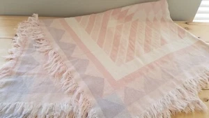 Vintage Woven Afghan Pink And White Fringe Geometric Starburst Pattern 49×42 - Picture 1 of 8