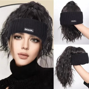 Synthetic Short Curly Ponytail Hat Wig With Hair Wig Adjustable Plush Knitted - Picture 1 of 8