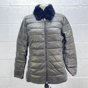 Y2K BRONZE KHAKI METALLIC PUFFER COAT PADDED JACKET FUR NECK QUILTED UK 14 - Picture 1 of 6