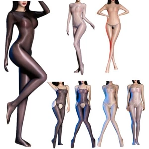 Women's Oil Glossy Bodystocking Pantyhose Transparent Jumpsuit Hollow Nightwear - Picture 1 of 77