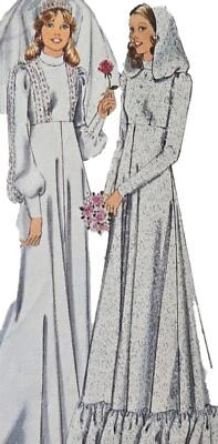 1970s Poet Sleeve Empire Hood Ruffle Wedding Dress Sewing Pattern Style 1405 - Image 1 of 3