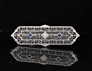 $2,500 Vintage 14K White Gold Natural Sapphire Diamond Art Deco Filigree Brooch - Picture 1 of 5