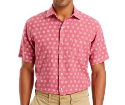 Peter Millar Seaside Men's 100% Linen Sport Button Up Shirt Red Coastal Print XL - Image 1 of 4