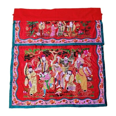 VTG Chinese Silk Altar Banner Eight Immortals Gold Silver Threads Red Pink Green - Image 1 of 4